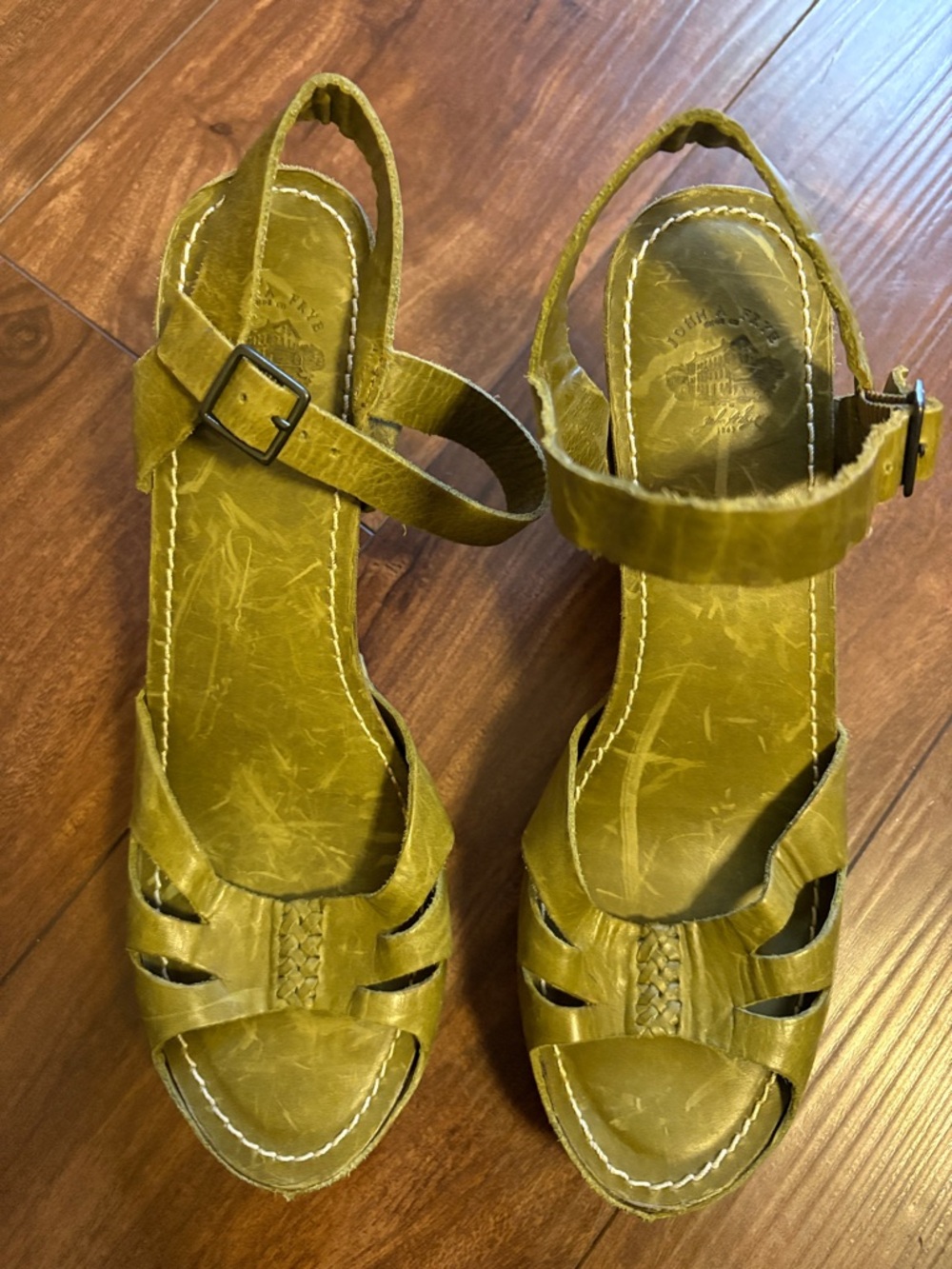 Frye Olive-Tone Leather Woven Sandals